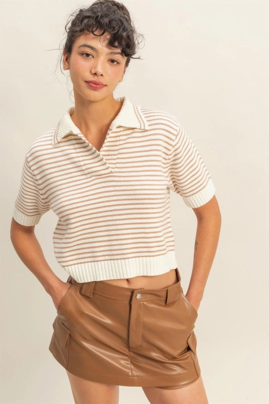 Zoe Striped Collared Short Sleeve Knit Top TemperatureRegulating Fabric